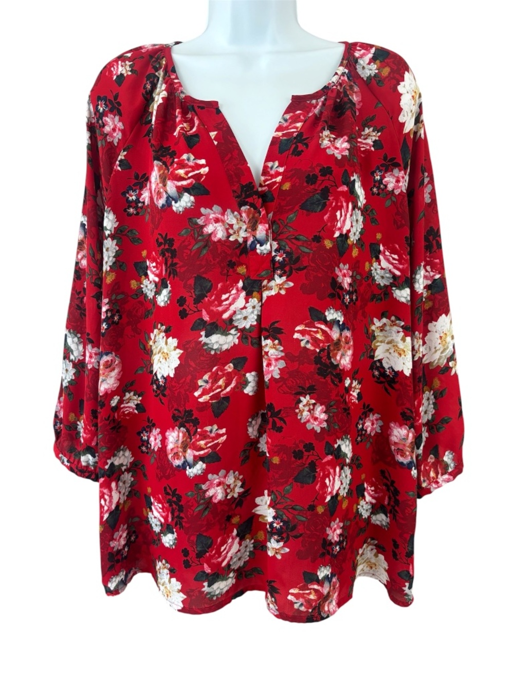 Violet + Claire Red Floral Split V-Neck Popover Top